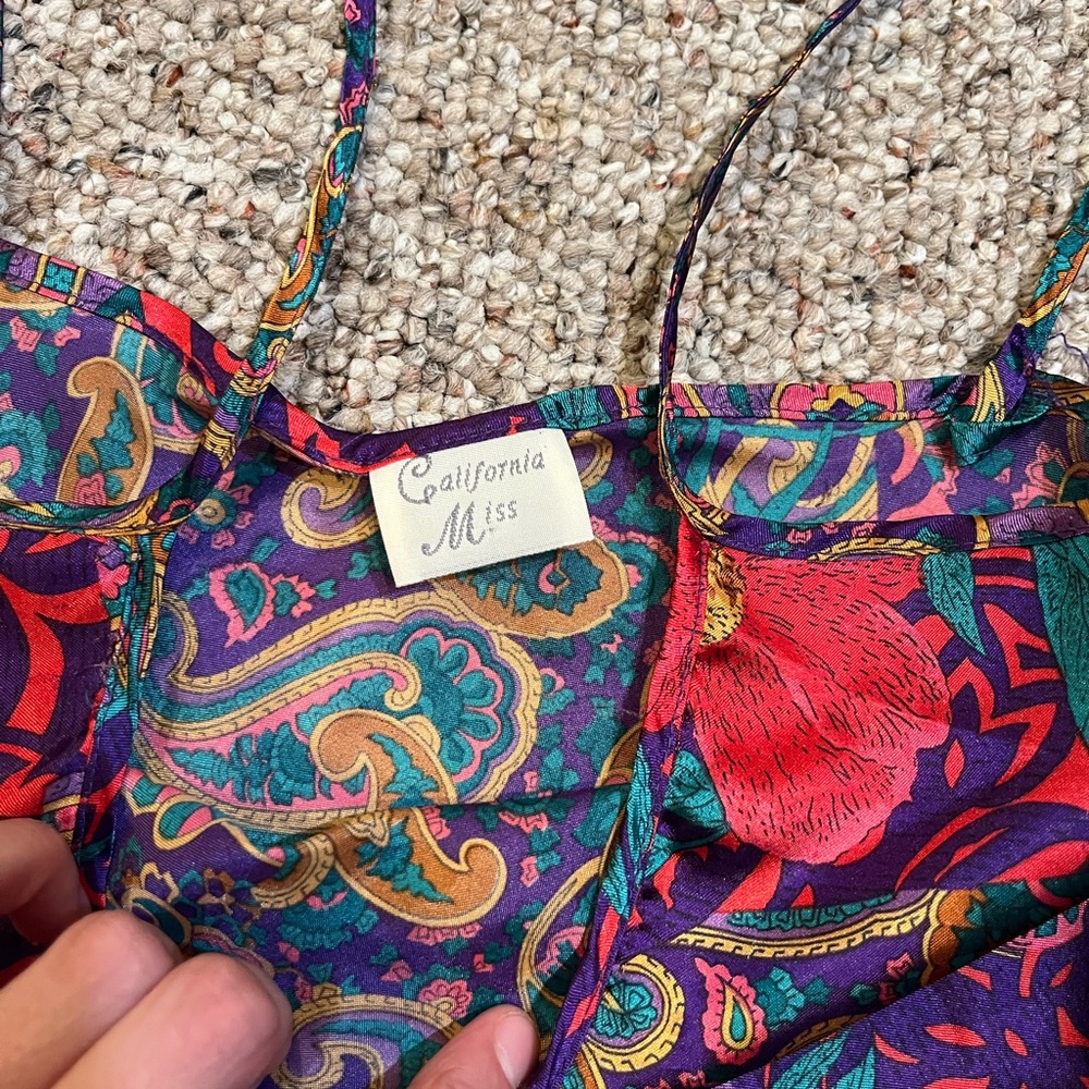Vintage 80s/90s Colorful Silky Floral Spaghetti Strap BabyDoll Blouse - Picture 3 of 6